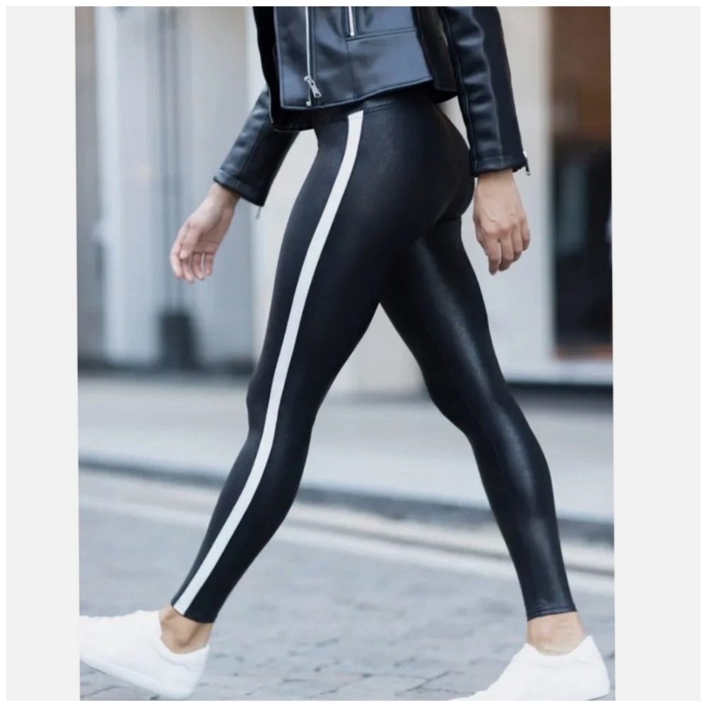 NWT Spanx Faux Leather White Side Stripe Leggings